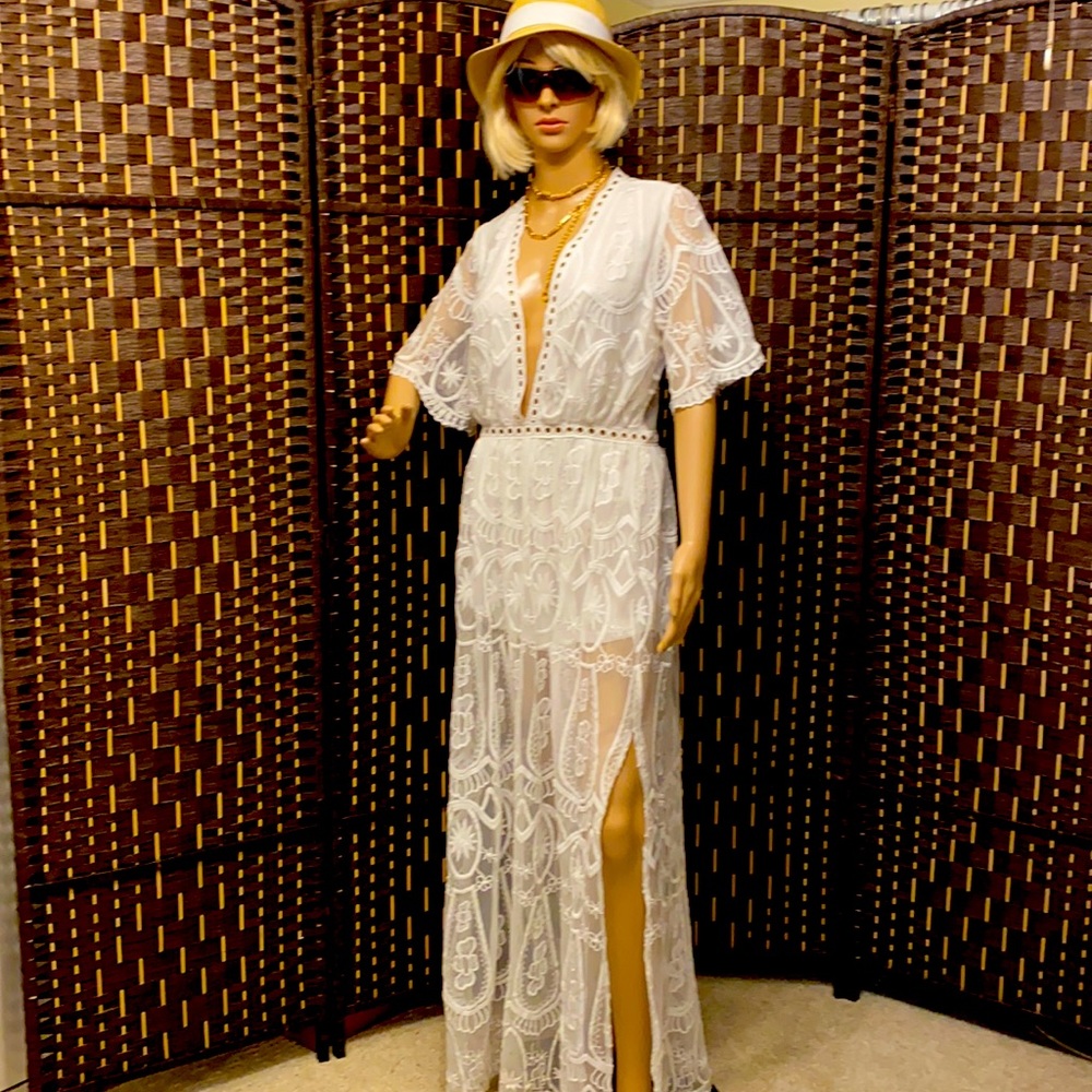 White lace see-through dress with shorts under it